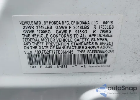 2015 Honda Civic Se из США, поврежденный, VIN 19XFB2F77FE066145